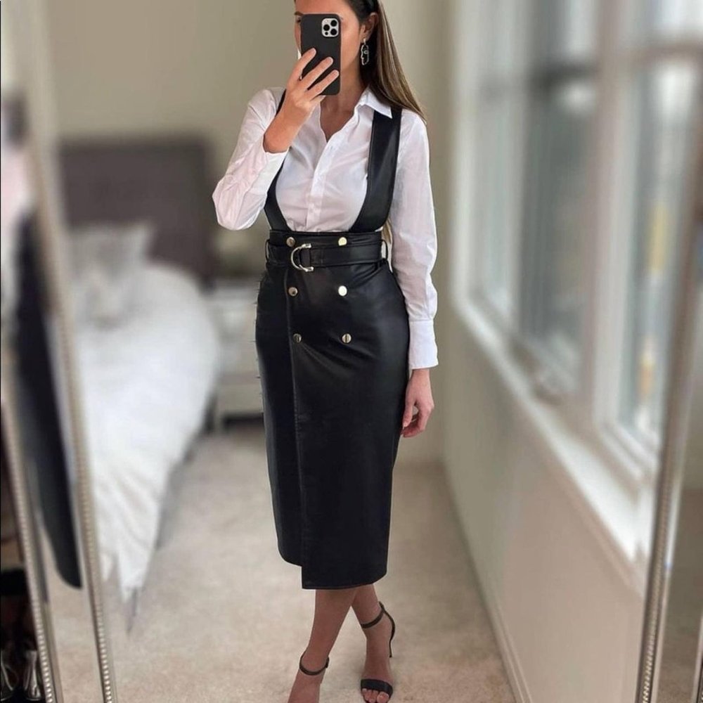 Zara Black Faux Leather Pinafore High Waisted Skirt Sz S NWT